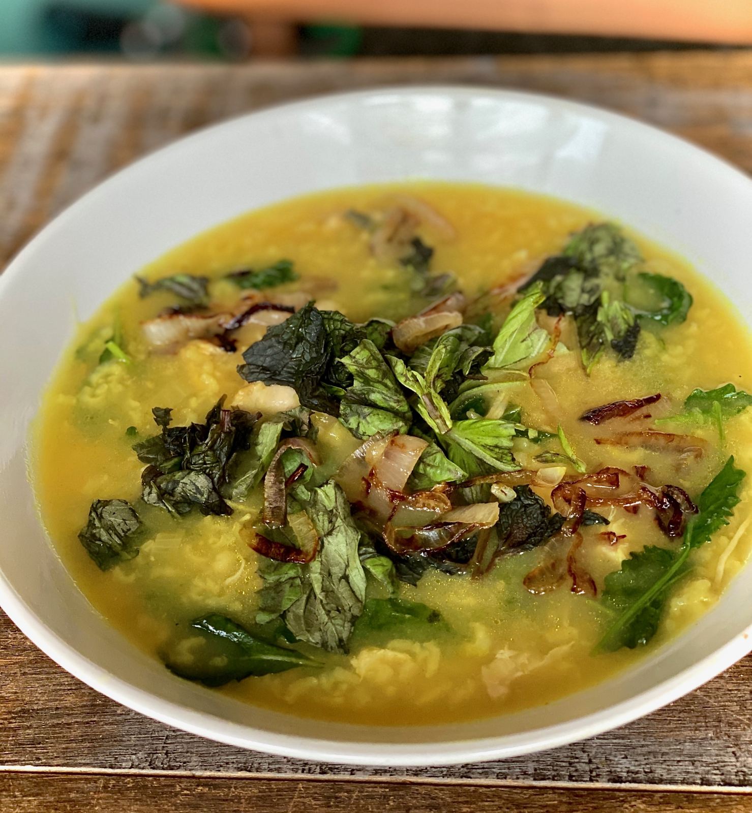 A bowl of chicken and rice soup