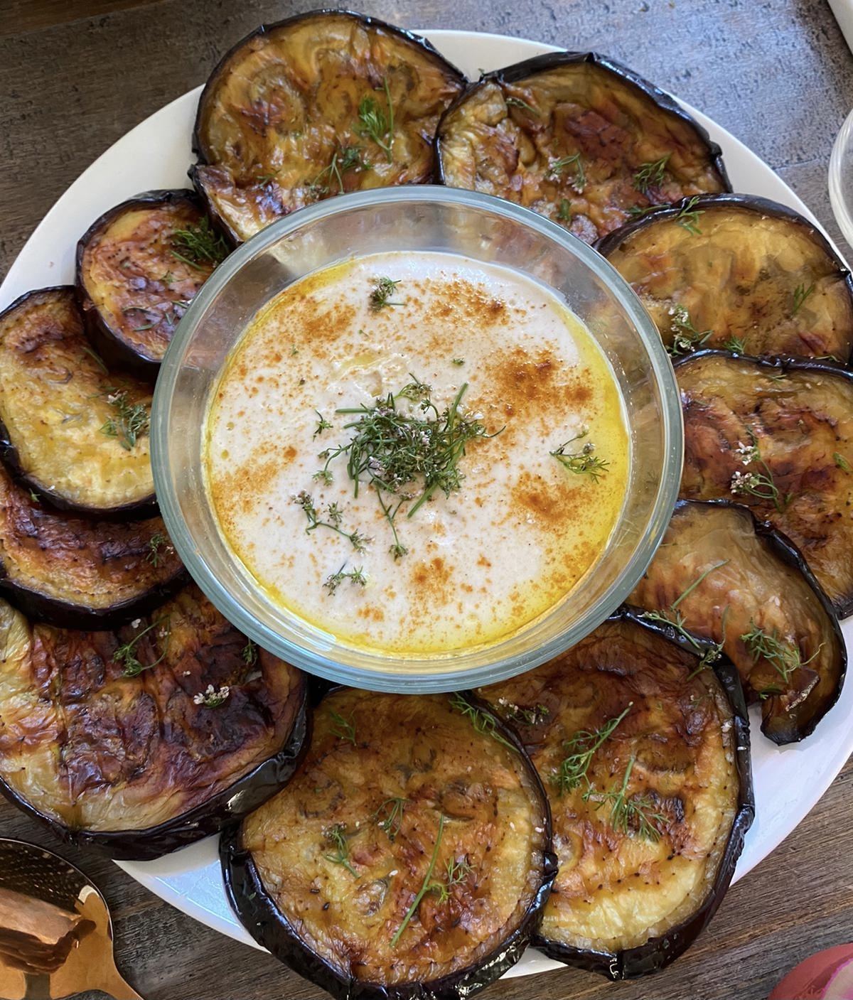 Roasted eggplant platter with tahini
