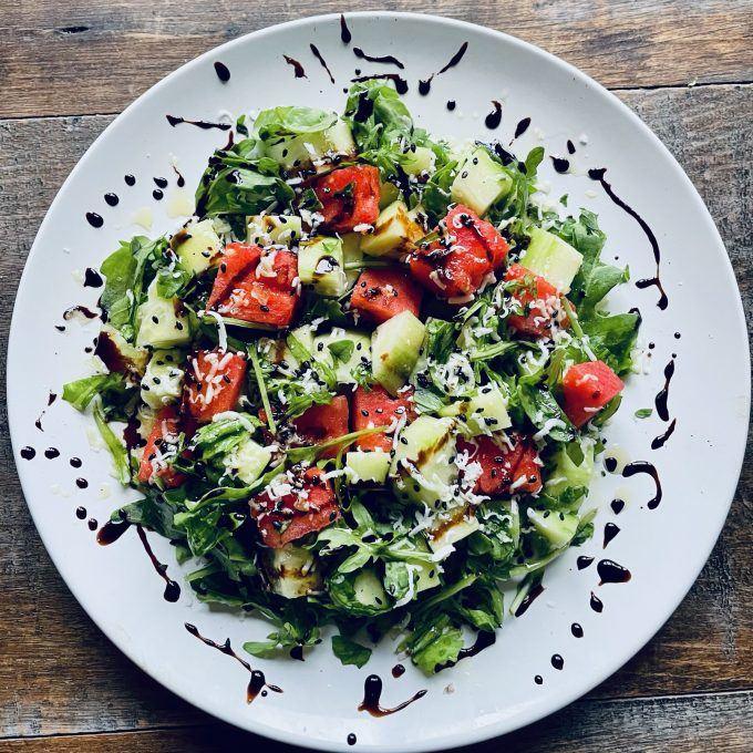 Watermelon, cucumber and arugula salad